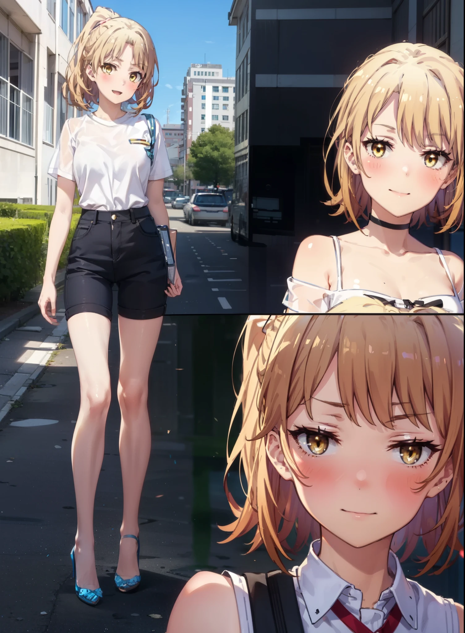Irohaisshiki, isshiki iroha, Short Hair, Brown Hair, (Brown eyes:1.5), blush,ponytail,Squint both eyes,blush,
happy smile, smile, Open your mouth,Cold Shoulder Shirt,Short sleeve skinny jeans,Stiletto heels,Daytime,Clear skies,Are standing,Put your right hand on your hip,whole bodyがイラストに入るように,Looking up from bottom to top,
break outdoors, School,courtyard,
break looking at viewer,whole body,
break (masterpiece:1.2), Highest quality, High resolution, unity 8k wallpaper, (figure:0.8), (Beautiful attention to detail:1.6), Highly detailed face, Perfect lighting, Highly detailed CG, (Perfect hands, Perfect Anatomy),