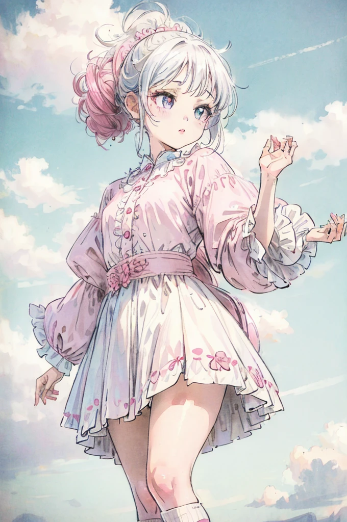 1girl, pink ponytail, half body, thighs socks, messy curly hair, multiple poses, detailed facial features, beautiful eyes, beautiful lips, delicate features, cinematic lighting, dramatic angles, ethereal, pastel colors, dreamlike, soft focus, digital art, masterpiece, cloudy weather, heterochromia, fluffy, standing