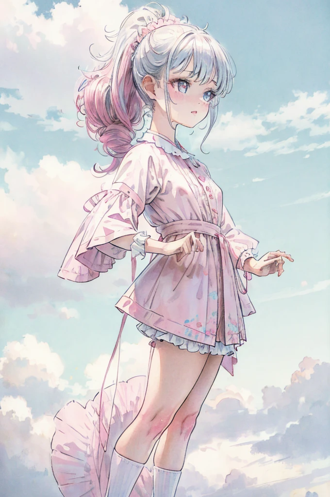 1girl, pink ponytail, half body, thighs socks, messy curly hair, multiple poses, detailed facial features, beautiful eyes, beautiful lips, delicate features, cinematic lighting, dramatic angles, ethereal, pastel colors, dreamlike, soft focus, digital art, masterpiece, cloudy weather, heterochromia, fluffy, standing