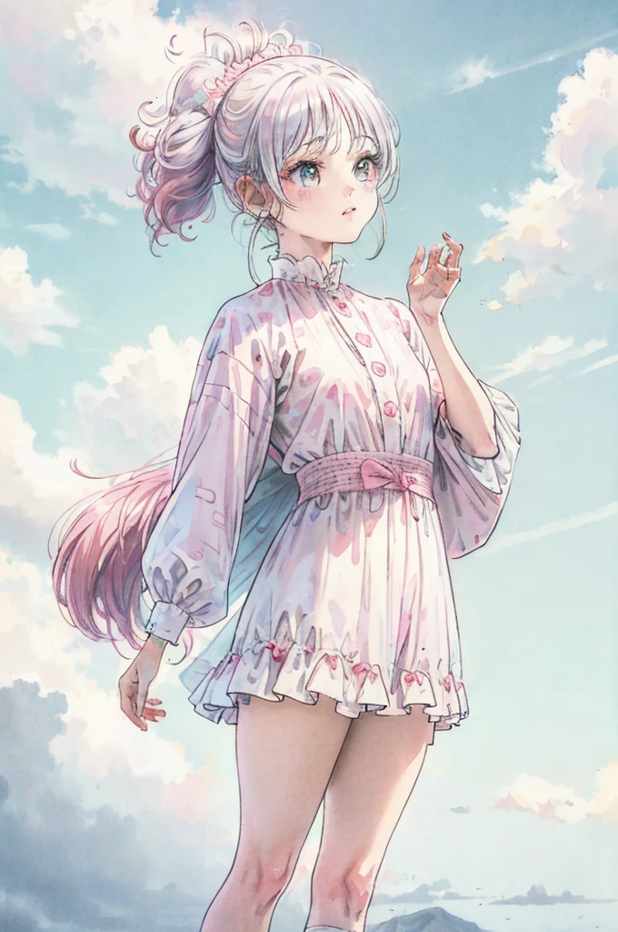 1girl, pink ponytail, half body, thighs socks, messy curly hair, multiple poses, detailed facial features, beautiful eyes, beautiful lips, delicate features, cinematic lighting, dramatic angles, ethereal, pastel colors, dreamlike, soft focus, digital art, masterpiece, cloudy weather, heterochromia, fluffy, standing