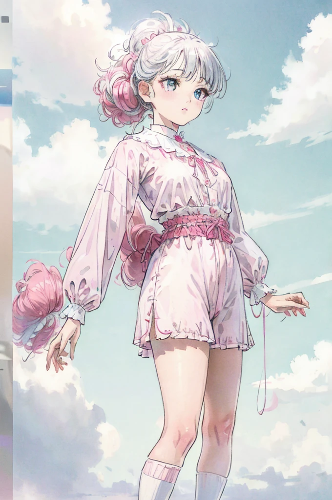1girl, pink ponytail, half body, thighs socks, messy curly hair, multiple poses, detailed facial features, beautiful eyes, beautiful lips, delicate features, cinematic lighting, dramatic angles, ethereal, pastel colors, dreamlike, soft focus, digital art, masterpiece, cloudy weather, heterochromia, fluffy, standing