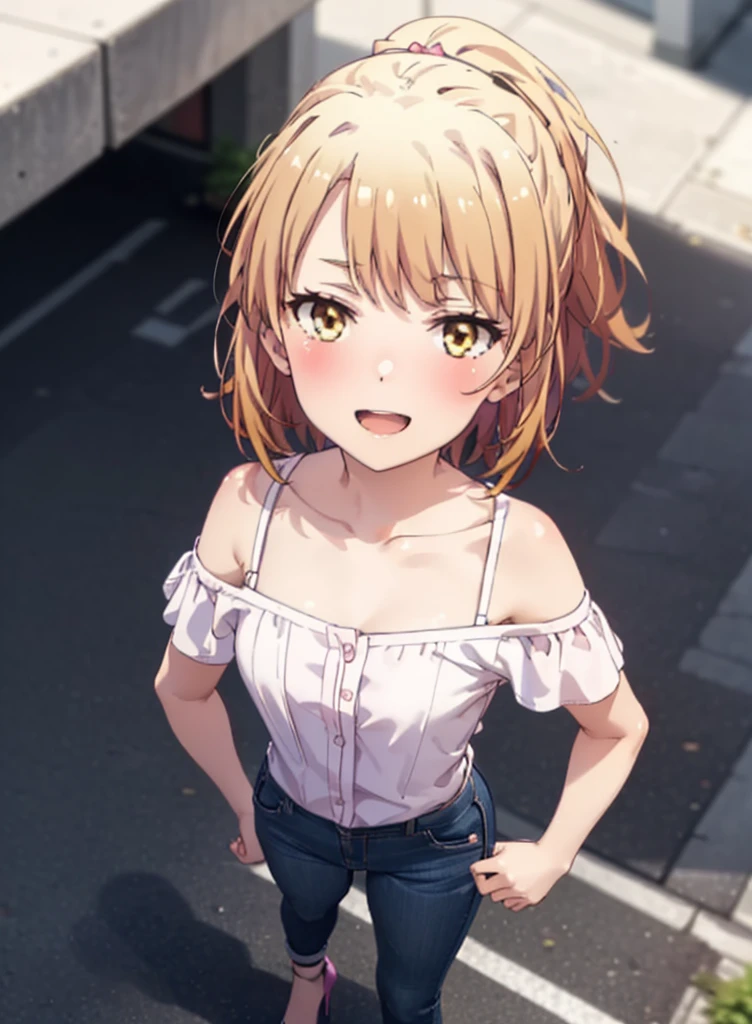 Irohaisshiki, isshiki iroha, Short Hair, Brown Hair, (Brown eyes:1.5), blush,ponytail,Squint both eyes,blush,
happy smile, smile, Open your mouth,Cold Shoulder Shirt,Short sleeve skinny jeans,Stiletto heels,Daytime,Clear skies,Are standing,Put your right hand on your hip,whole bodyがイラストに入るように,Looking up from bottom to top,
break outdoors, School,courtyard,
break looking at viewer,whole body,
break (masterpiece:1.2), Highest quality, High resolution, unity 8k wallpaper, (figure:0.8), (Beautiful attention to detail:1.6), Highly detailed face, Perfect lighting, Highly detailed CG, (Perfect hands, Perfect Anatomy),