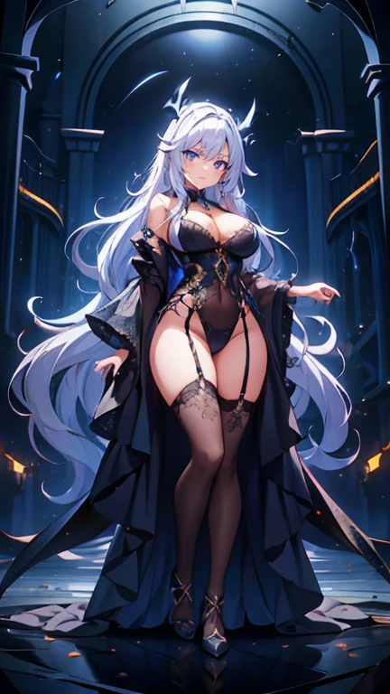 ((work of art, best qualityer)), 精致的面容,Dragon girl,the Kane,gold mine,gold jewelry,DarkKnight,Dark Jewel,all-body,Standing photo,Legs long,breasts big,Gradient Wavy Long Hair,perfect body proportions,beautiful black eyes,extremely pretty,transparentes, fundo branco puro,Big dark day,nube,Sexy lingerie,lace
