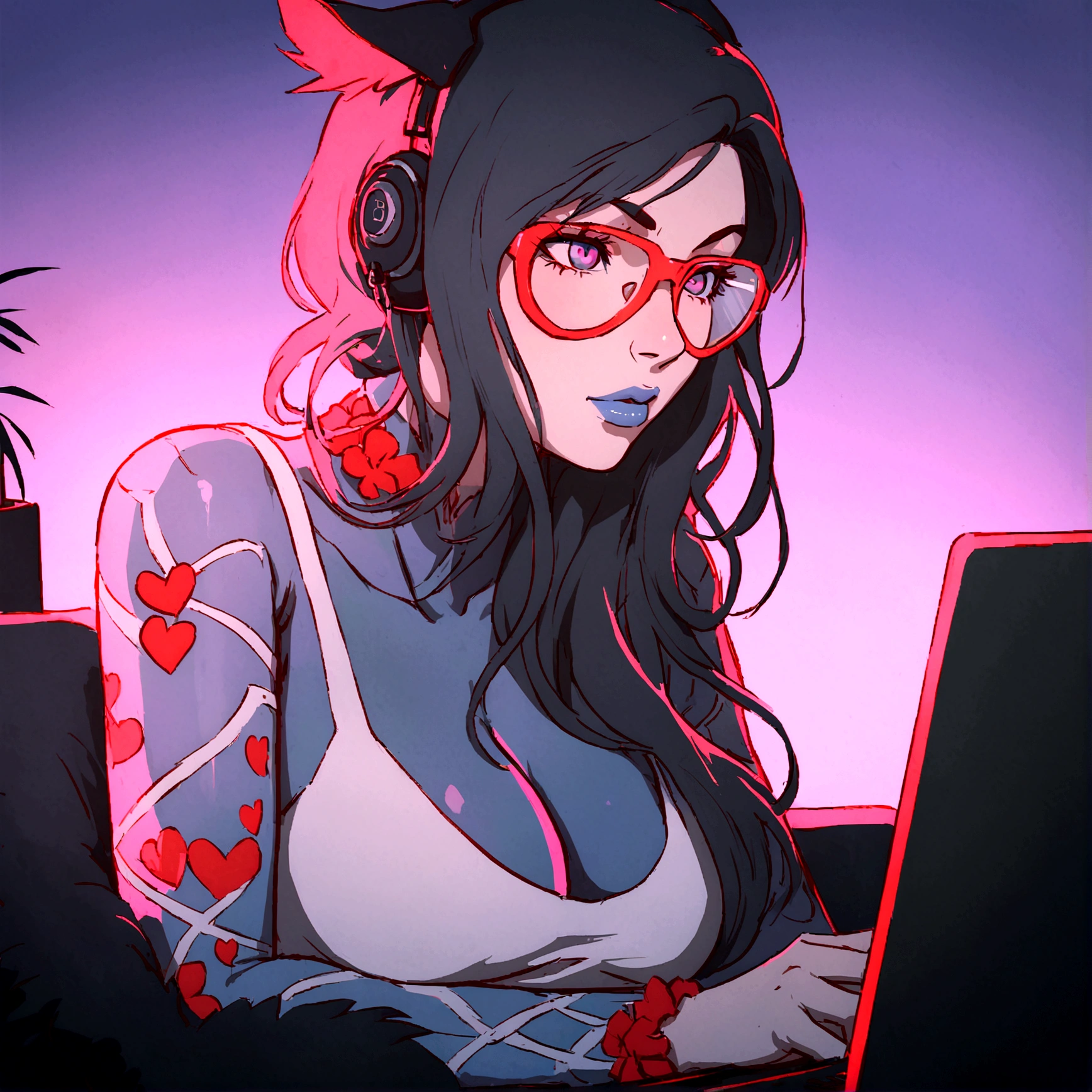 il y a une femme peau clair sans tatouage, yeux verts, cheveux noirs avec mèches violettes, casque blanc avec des cornes au dessus, qui à l'air fatigué qui utilise un ordinateur portable, joue au jeux vidéos Alena Aenami et Artgerm, oeuvre d'art dans le style de guweiz, illustration numérique d'anime, lois van rossdessine, Art numérique Ilya Kuvshinov, fille anime séduisante, artgerm de style, graphiste artgerm, numérique encré, artgasme