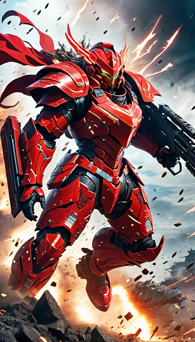 a furious warrior, dressed in high-tech red armor, using a thundering machine gun, running in the chaotic battlefield, 1 person, fantasy, anime style, detailed armor, intense action, dramatic lighting, cinematic composition, vibrant colors, dynamic pose, advanced technology, weapon effects, smoke and debris, epic scale