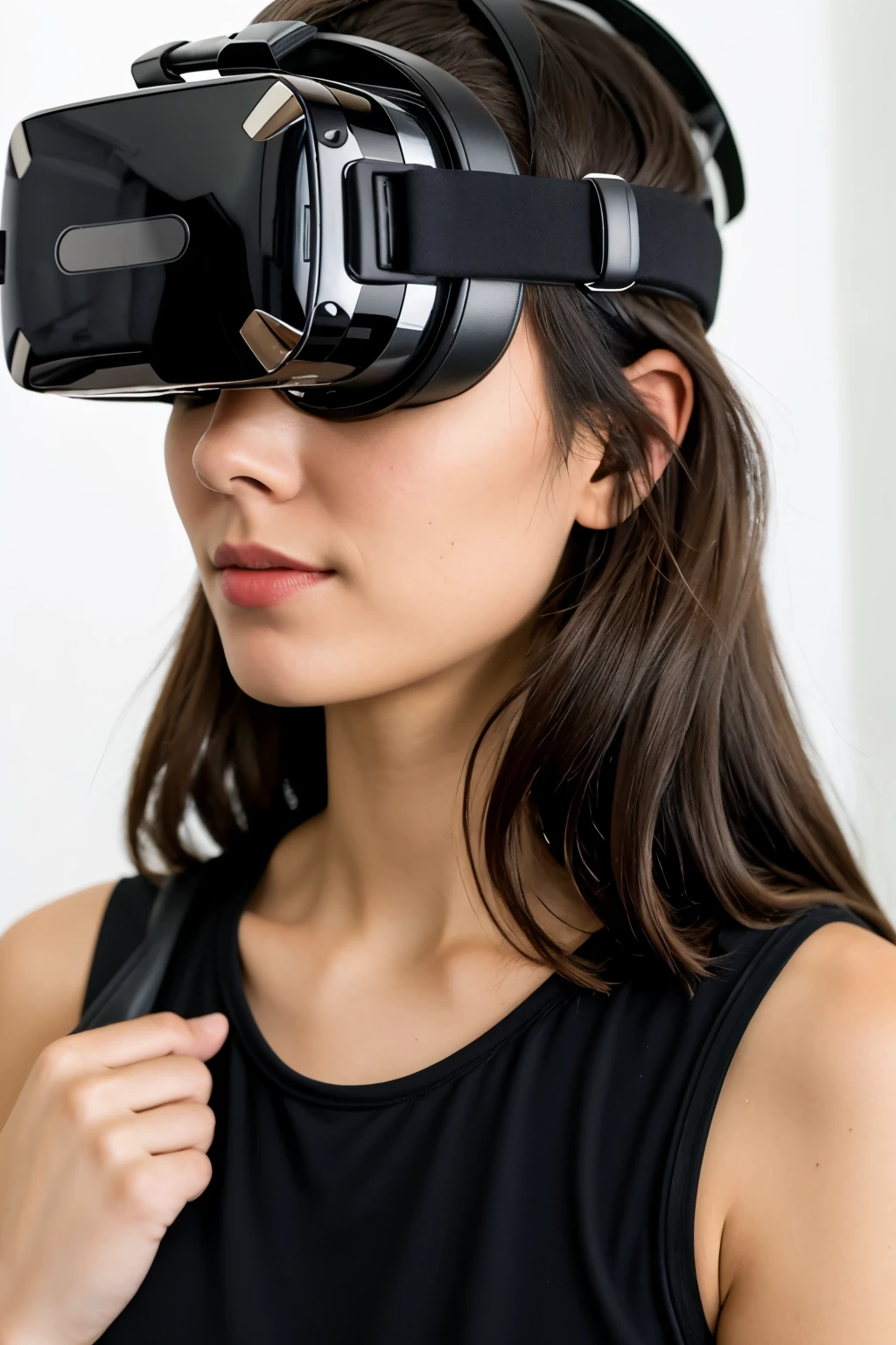 A virtual reality lens, with a lens equal to that of the apple vision pro with headphones and a helmet with two lenses in front and one lens in the back with comfortable straps, and make it look technological and futuristic, with a technology fund, I want the helmet to be one piece