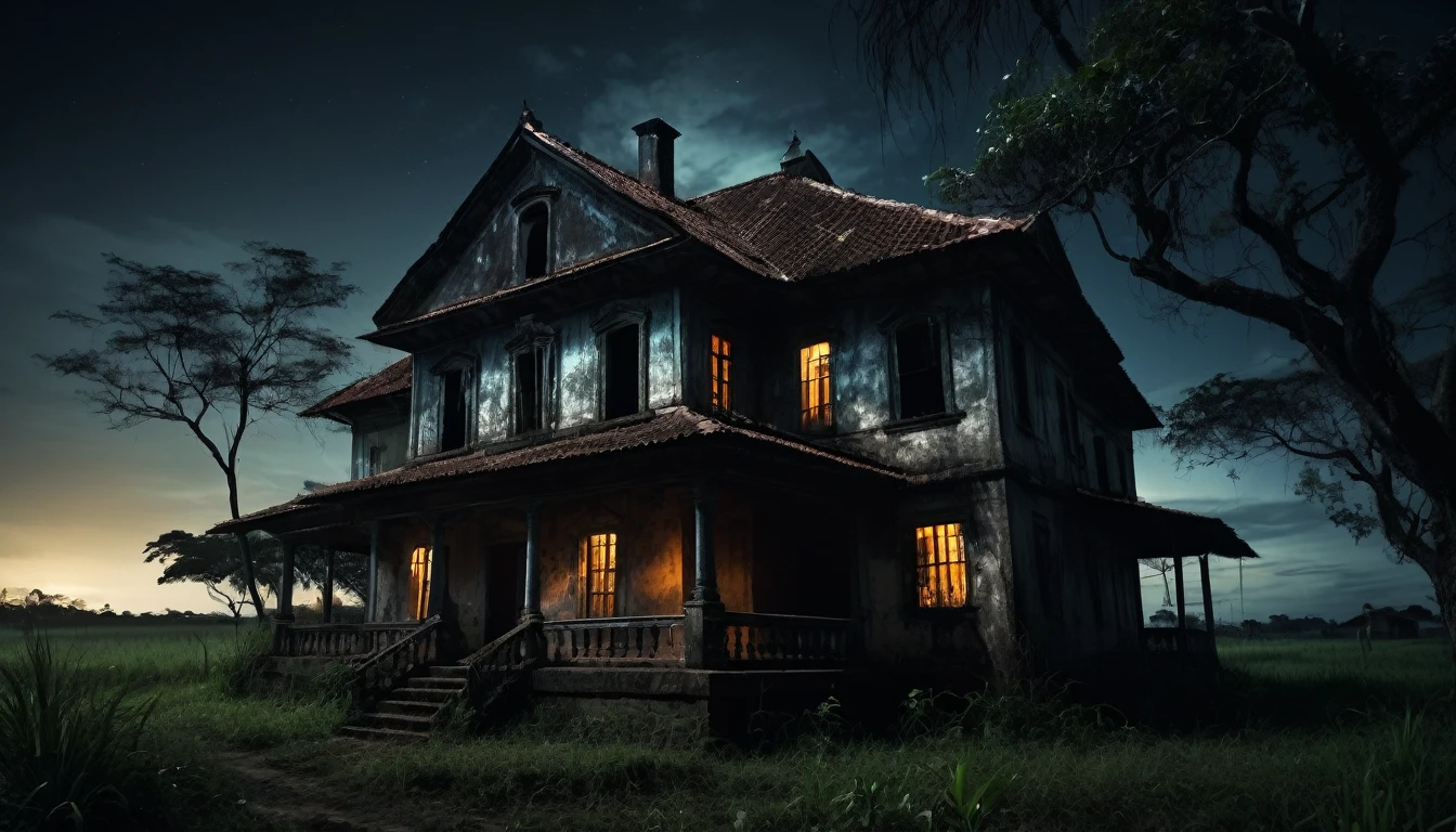 A scary horror image, at night an old house, located on the outskirts of a small town in the interior of Brazil. At home, that has been in your family for generations, has always been a source of pride, but also of mystery and fear. PICTURE REALISTIC, high resolution, 8K 