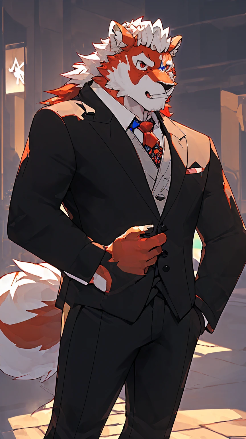 Orange background,high resolution,4K,masterpiece,high quality,35 years old,((Wolfdog)),male,((whole body:1.4,Strike a pose:1.5,Mature:1.3,grimace in pain:1.4)),WolfdogFurry,(Uncle figure:1.5,hairy),((Moderate:1.2)),((Strong body:1.5,Long legs:1.3,big ear:1.3,Thick long tail,(((Suit 1:3))),(((White hair:1.4,Red hair:1.2,Wild muscles:1.4,Red eyes:1.4,White chest:1.6,White belly:1.6,Red limbs:1.6,Red and white tail:1.3))),Delicate eyes:1.6,Fine details,Detailed body,(Detailed hand details:1.4)