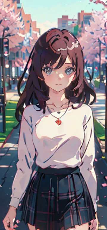 ((table top, highest quallity, high resolution, nffsw, pixel perfect, Written limit depth, 4K, nffsw, nffsw))), 1 girl, Solteiro, standing alone, cute anime girl, beautiful art style, anime character, ((long hair, bangss, chestnut hair)), ((greeneyes:1.4, round eyes, Beautiful eyelashes, realisitic eyes)), ((face detailed, blush:1.2)), ((smooth texture:0.75, realisitic texture:0.65, realisitic:1.1, anime CG style)), dynamic angle, ((brown sweater, longsleeve, Black Skirt, plaid hip skirt, chic, 1 diamond necklace)), ssmile, amusement park, ((Cherry blossoms, Cherry blossomsの花が散る))