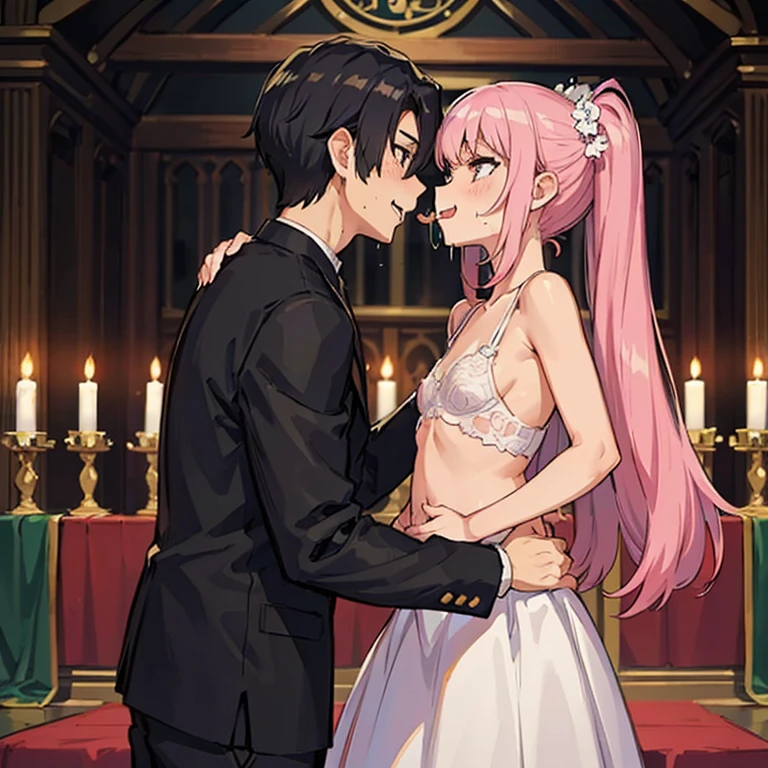 Girl with pink hair, long double tail hairstyle (small bushy pink eyebrows), dressed in gothic ta clothing, loli(Zankuro) zankuro artist drawing style, zancro style, image uploaded to R34, (in a church full of people), flirtatious smile, suddenly having sex in public, ((squinted eyes, red cheeks and drooling)) hands on belly, force the groom to have sex at the altar, wearing a wedding dress