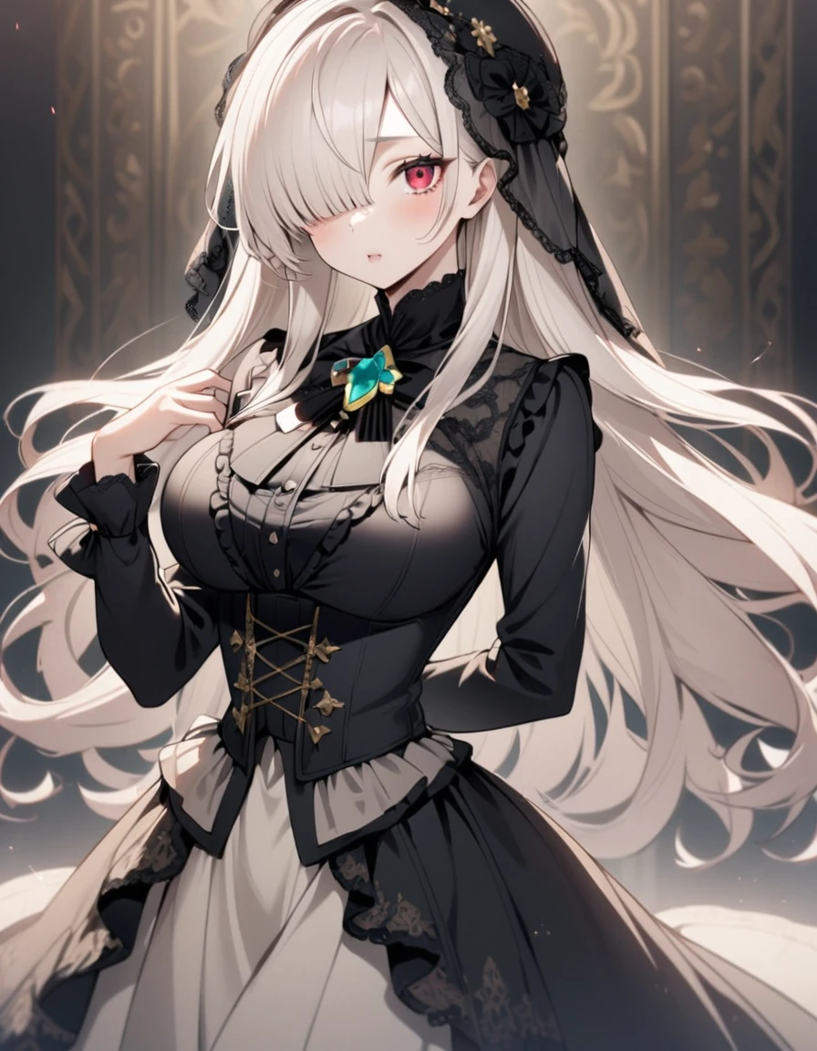 1lady,albino,white hair,straight long hair,hair over one eye,red eyes,large breasts,paraiba tourmaline brooch,hat and black veil,long sleeves,black and white victorian dress,
