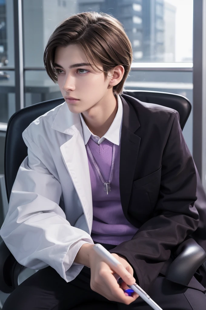 Refreshing young man
Beautiful young man
20 years old
slender
Brown hair
Purple eyes
Cyber Laboratory
Dark near-future lab
White lab coat
Chewing a pen
Biting a ballpoint pen with teeth
Thinking
Turn your body to the right
right side
Sit down
Plush black chair
hair down in front of head