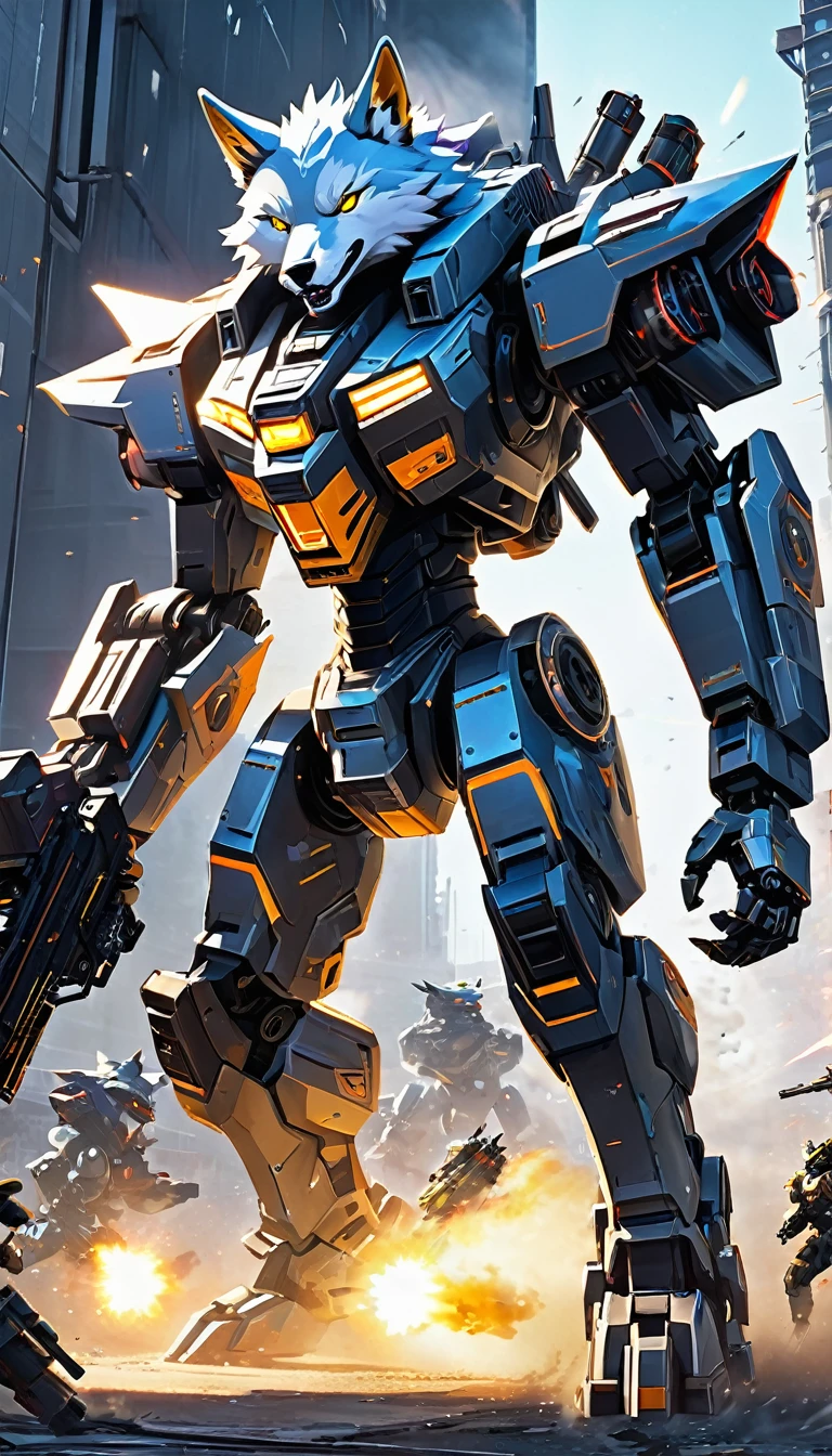 Anthro HD Anime Style, Cyber Mecha Wolf, Firing a High-Tech Minigun, Amidst a Chaotic Battlefield, High-Tech War Machine, Advanced Warfare, HD Animation Details. A sleek, cybernetic wolf stands amidst the chaos of a futuristic battlefield, its body gleaming with high-tech details and luminescent neon accents. The mecha-wolf's gaze is intense and focused, its amber eyes flickering with a fierce determination. It holds a minigun in its powerful jaws, each shot tearing through the air with a deafening roar. The bullets dance through the air, leaving