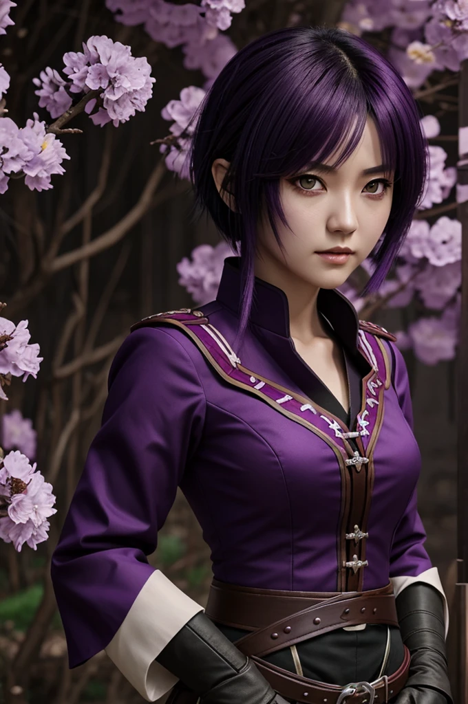 
Demon Slayer screenshot. Female character, thin, fair skin, big bright purple slanted eyes, beautiful, short black hair with purple highlights, brown hunter uniform, wine-colored haori with flowers, full body, Demon slayer style