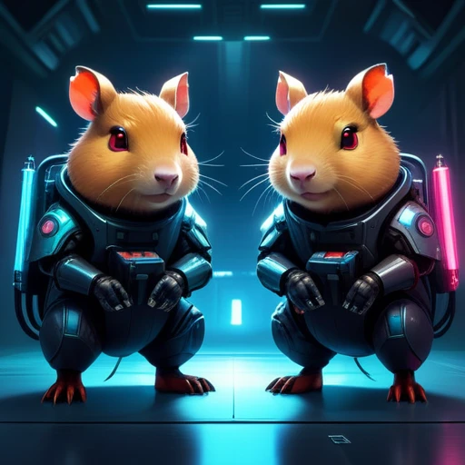 ASCIImasterpiece cartoon of two (((cyberpunk))) cute capybaras with guns, bionic (prosthetic arm), glowing red eyes, ((futuristic, dystopian, neon colours)), symmetrical, highly detailed, digital painting, artstation, concept art, sharp focus, illustration, volumetric lighting, epic Composition, 8k, oil painting, cgsociety