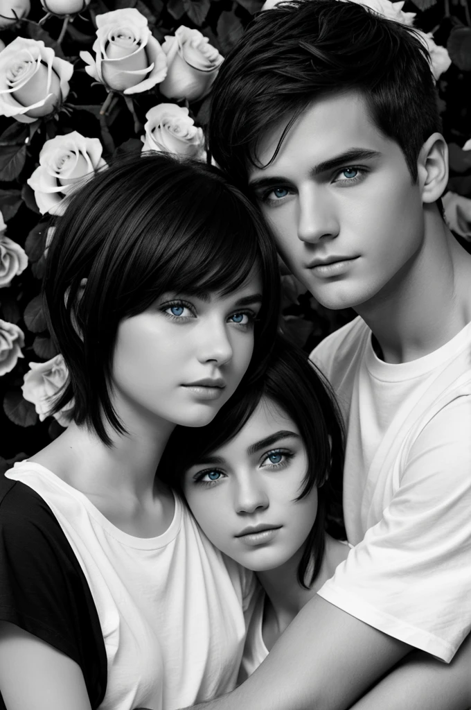 Black and white book cover Young couple in a paradise of black roses Blue-eyed boy,messy white hair and white t-shirt.
short hair girl, brunette and gray eyes