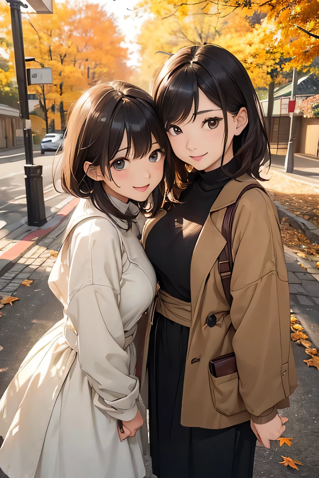 Highest quality、High resolution、Detailed Background、(Beautiful face in every detail:1.4)、Anatomically correct、(Detailed facial expressions)、Beautiful women in their 20s、(Highly detailed face:1.2)、(Huge breasts:1.2)、Cute hair colour、Cute hairstyle、Perfect body line、Cute Eye Makeup、Cute Lip Makeup、well-groomed eyebrows、A big smile、Do cute things、
(Two beautiful women looking at you with happy expressions:1.5)、
色づき始めたwood々The leaves are swaying slowly in the wind、The sky is clear、The mountain ranges in the distance are clearly visible、
wood々The leaves that fell from the branches of、Gracefully descending to the ground、The leaves gather together, swirl, and fly up、
Colorful fallen leaves are scattered along the road、Every time I walk, it makes a rustling sound as it gets crushed.、
wood々The soft sunlight filtering through the branches gently illuminates the fallen leaves.、
In the light, small birds are busily flying around.、Deep red or orange、yellow、It is recommended to incorporate autumn colors such as green.、Pair your feet with brown short boots.、You can create an autumn look.、
It's a good idea to choose accessories that have an autumn feel.、Necklace in gold and brown tones、Earrings、Suitable for bracelets etc.、Ribbed knit vest、Checkered Skirt、Materials such as corduroy pants also give off an autumn vibe.、Combine deep colors and warm materials overall、Outerwear such as snoods are also essential for the changing seasons.、 A sophisticated fall look with attention to detail、very beautiful