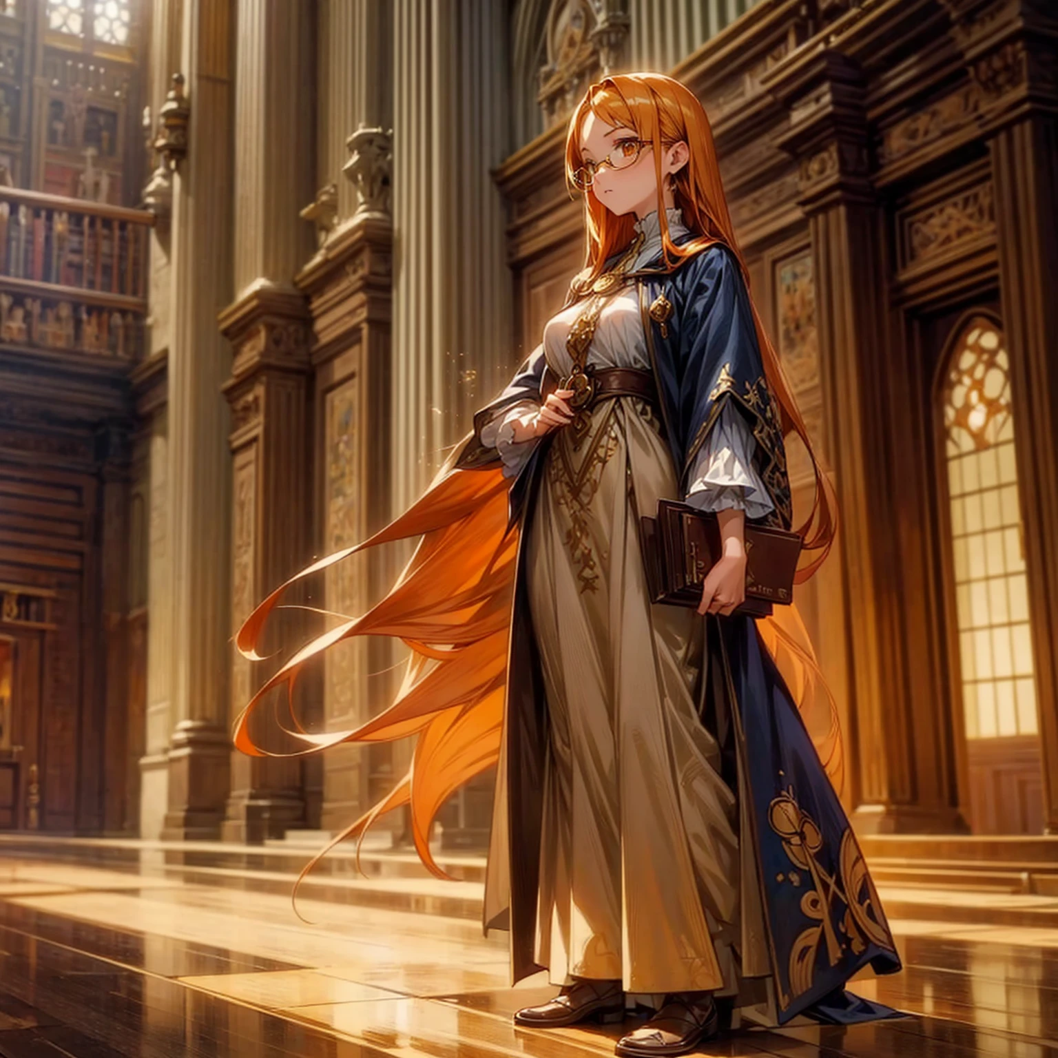 1girl, Full body version, 1character, girl version, almond eyes, long haircut, orange colour hair, sad eyes, glasses, medieval style clothing, gold book in hand, background in indoor Library castle, motion blur, (Hunter x Hunter art), standing gesture 