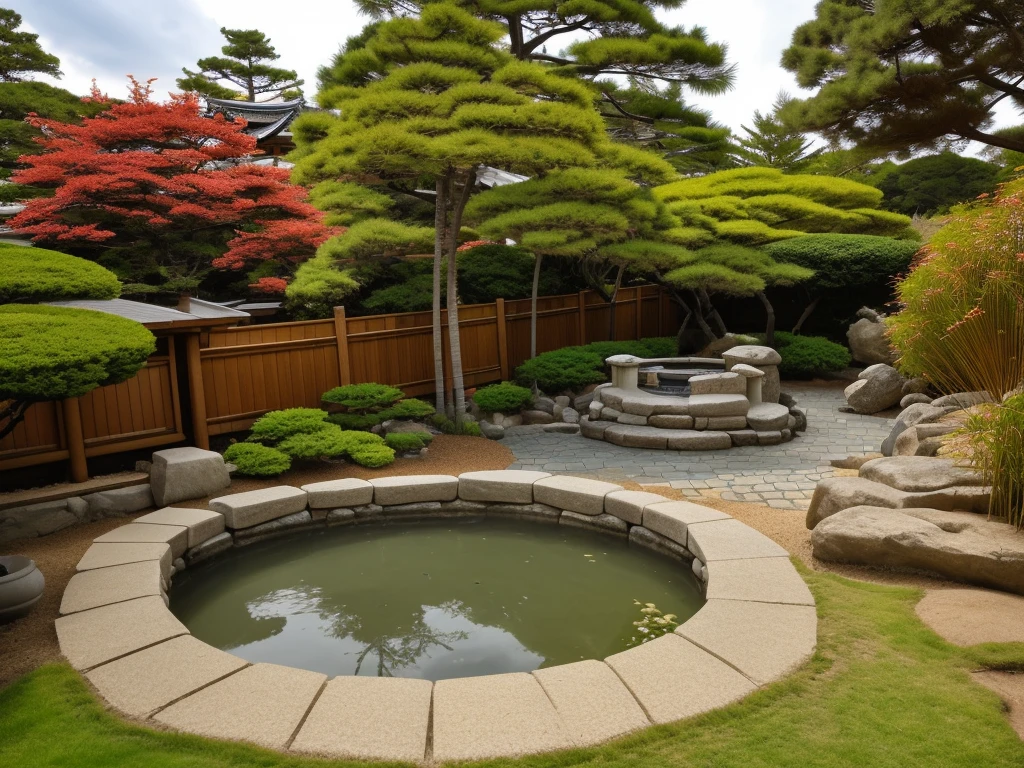 Japanese zen garden with temple on top of the mountain with light wind blowing the bamboos, chimes playing in the wind with koi pond a stream of water and an island with a maple tree in the center and master with rake doing work in the sand bed and a shishi odoshi is working in the small waterfall in the koi pond, the sky is gray and storm clouds are approaching on the horizon the view is in first person  