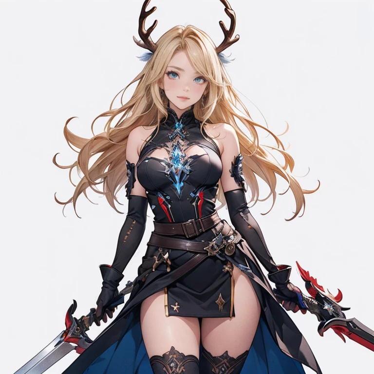 threatened, (((1 girl))),1 girl, standing alone, long hair, missiles, basic, black backdrop, elsword, thicc thighs, containment, missilesduras, overskirt, hair ornament, mitts, booties, antlers, feathered basic, containment missiles, feathers, dual wield, overskirt preta, Eyes red, mitts pretas, hair blonde, whole body, waist belt, bared shoulders, booties de coxa, chestnut hair, containment elsword, elbow Gloves, gauntlets, [(White background:1.5),::5] (isometric:1.0), double exposure, bubble,
mid shot, whole body,work of art, best qualityer,(colorfully),(beautiful finely detailed eyes and detailed face),cinematic lighting,Extremely detailed CG 8k unity wallpaper