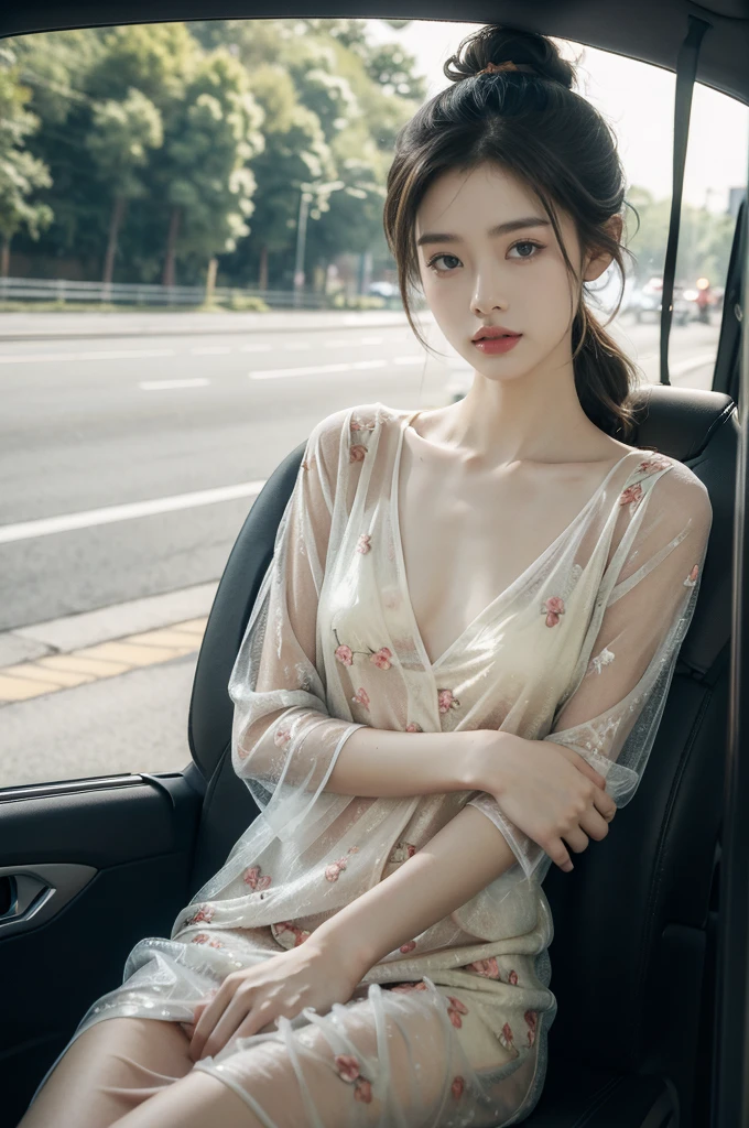 (((best quality))),(((ultra detailed))),(((masterpiece))),illustration,((1 beautiful girl,female driver,solo)),((sitting on the seat)),((in the car)),((slim,thin)),((small breasts,flat chest)),parked,roadside,vibrant,(floral sheer pajama dress:1.3),graceful,(short ponytail:1.2),delicate,features,eyes,focused,ahead,calm,concentration,classic,convertible,evening,breeze,caress,adjusted,petite,frame,confident,steering,wheel,delicate,hands,maneuver,control,world,setting,sun,warm,glow,illuminate,sky,canvas,match,road,stretch,explore,possibilities,background,town,life,evening,shops,opening,doors,people,strolling,cool,air,atmosphere,peaceful,serene,contrast,chaos,city,independence,societal,norms,constraints,destiny,embrace,challenges,symbol,strength,resilience,spirit,summer