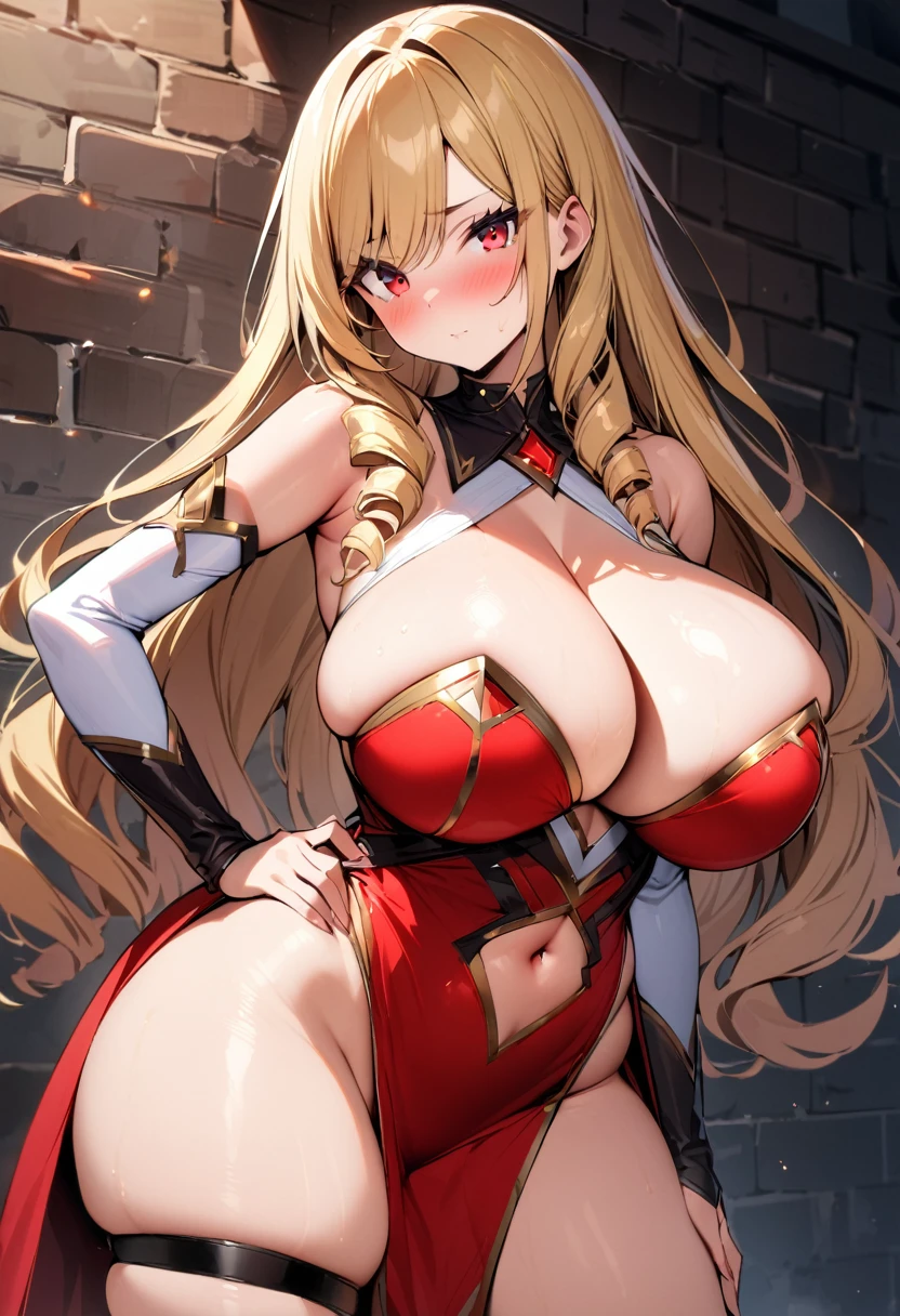 masterpiece, best quality, 1girl, bare_shoulders, blonde_hair, blush, breasts, brick_wall, center_opening, choker, cleavage, closed_mouth, clothing_cutout, detached_collar, detached_sleeves, dress, drill_hair, hand_on_own_hip, hands_on_own_hips, huge_breasts, jewelry, long_hair looking_at_viewer, looking_to_the_side, navel, navel_cutout, pelvic_curtain, red_dress, ((red_eyes)), revealing_clothes, skindentation, solo, strapless, strapless_dress, swept_bangs, thigh_strap, thighs
