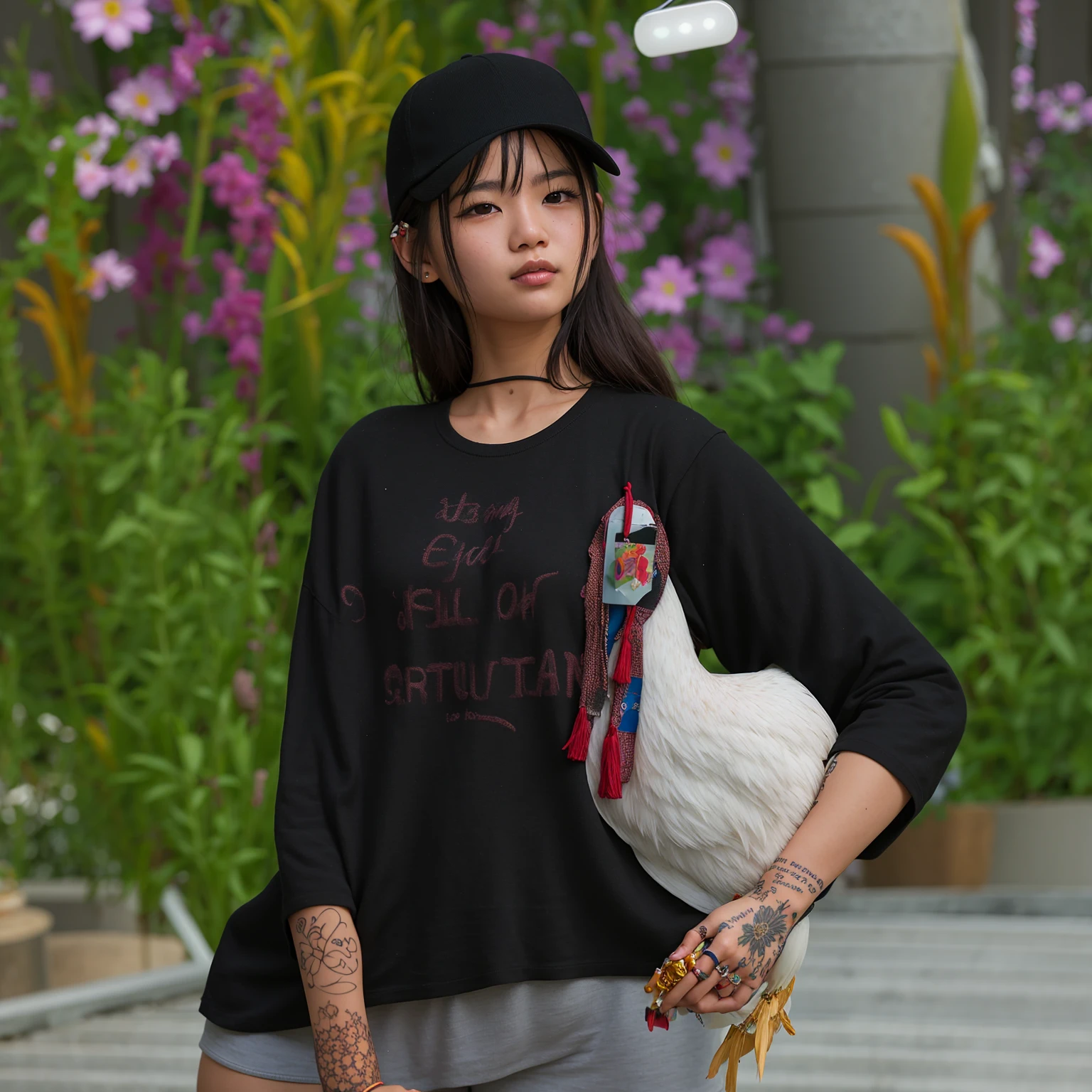 Asian girl, good lighting, smooth hair, glossy skin, blur background, high quality, 8k resolution, holding chicken