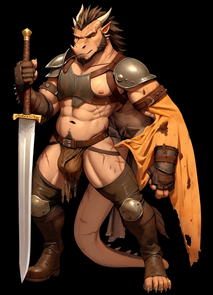 Solo Sexy young anthro scalie dragon male mercenary medieval solider, slim endomorph muscular, anthro handsome gay shorter muzzle, handsome gay model male apperance, sword scars, worn out leather skimpy armament, low on hips heavy leather belt, old very worn out skimpy dirty linen material jockstrap, old yellow dirty worn out stains on white sawn jockstrap, very visible "x" brown seam pattern on the jockstrap, studded skimpy armlets breastplate armor, skimpy breastplate, leather bondages, fingerless leather gloves, smelly unwashed husk, dirty body look, desert battlefield, standing in sexy fighting position, close view of full character