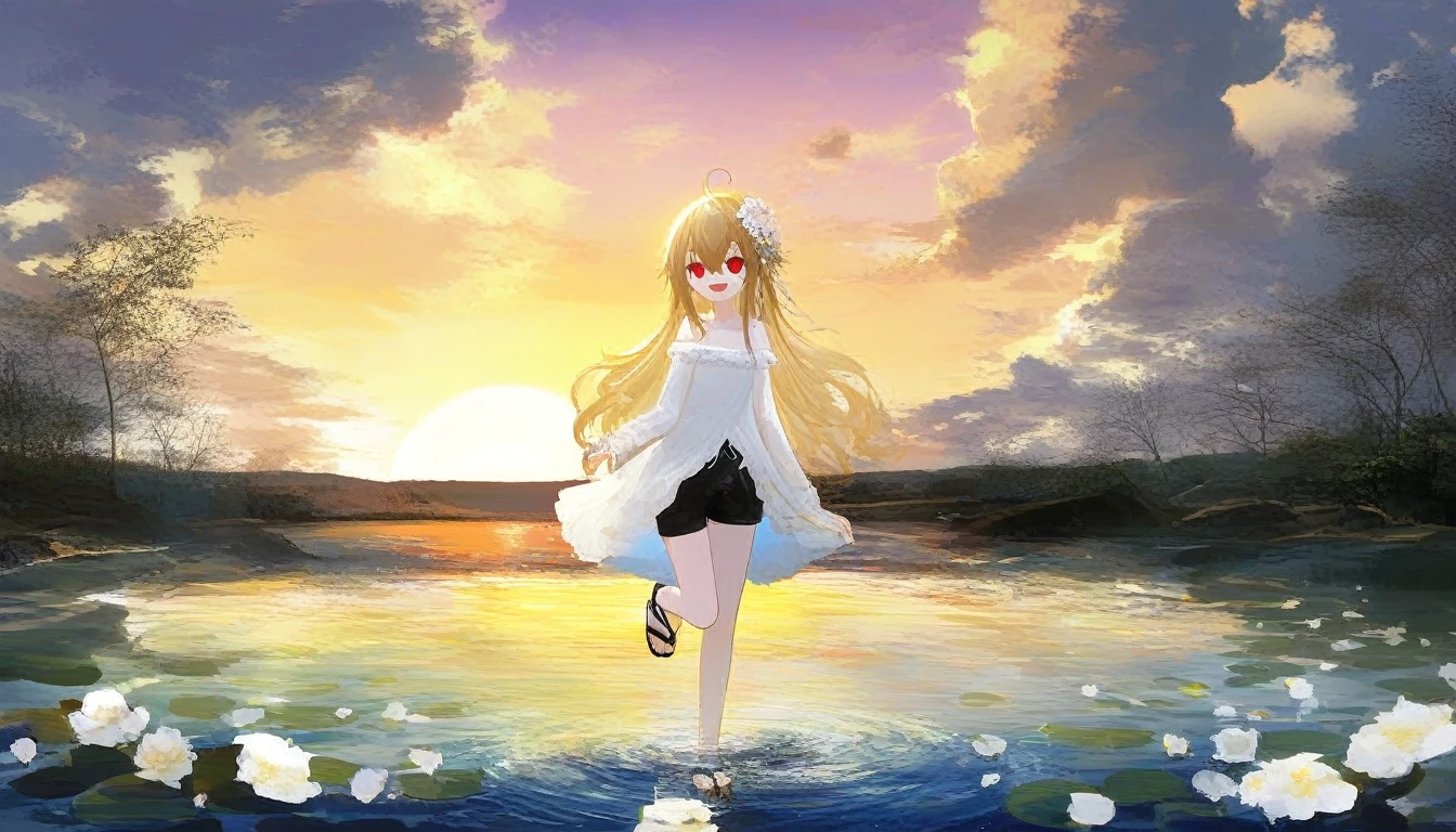 score_9, score_8_up, score_7_up, 1girl, (azumi kazuki:1.1), ciloranko:1.1, (omone_hokoma_agm:1.1), ((absurdres, official art, masterpiece)), best aesthetic, best quality, ultra detailed, intricate details, new, newest, glossy hair, moist skin, 18 years old, depth perception, solo, subject focus:1.1, depth perception, empty eyes, red eyes, solo, outdoors, long hair, shorts, water, ahoge, looking at viewer, long sleeves, sunset, standing, bare shoulders, hair ornament, black shorts, sandals, smile, wading, open mouth, sky, standing on one leg, shirt, flower, sun, hair between eyes, short shorts, blonde hair, very long hair, :d, dress, white flower, outstretched arm, cloud, off shoulder, black footwear, painterly, oil painting style:1.1, muted colours, evening light, dark lighting
