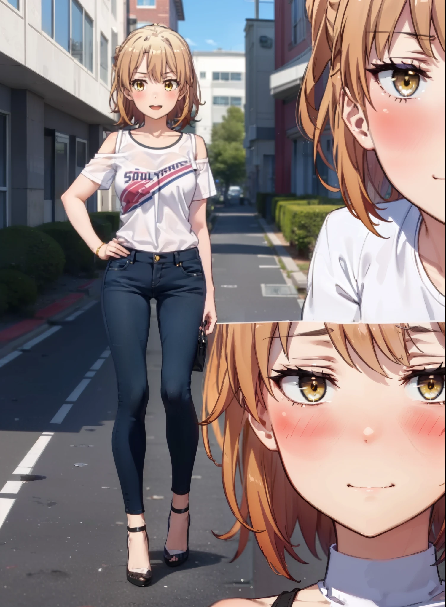 Irohaisshiki, isshiki iroha, Short Hair, Brown Hair, (Brown eyes:1.5), blush,ponytail,Squint both eyes,blush,
happy smile, smile, Open your mouth,Cold Shoulder Shirt,Short sleeve skinny jeans,Stiletto heels,Daytime,Clear skies,Are standing,Put your right hand on your hip,whole bodyがイラストに入るように,Looking up from bottom to top,
break outdoors, School,courtyard,
break looking at viewer,whole body,
break (masterpiece:1.2), Highest quality, High resolution, unity 8k wallpaper, (figure:0.8), (Beautiful attention to detail:1.6), Highly detailed face, Perfect lighting, Highly detailed CG, (Perfect hands, Perfect Anatomy),