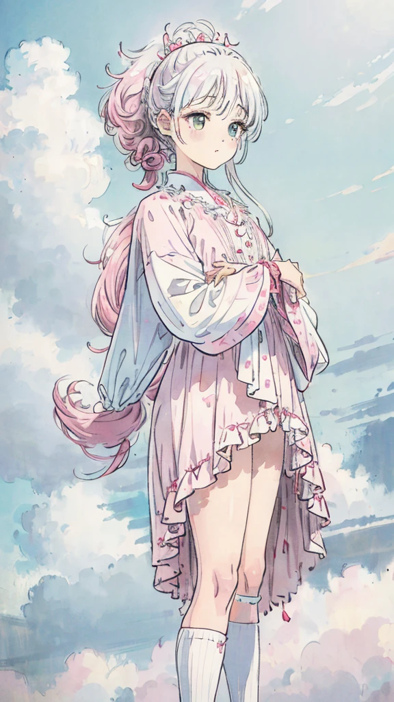 1girl, pink ponytail, half body, thighs socks, messy curly hair, multiple poses, detailed facial features, beautiful eyes, beautiful lips, delicate features, cinematic lighting, dramatic angles, ethereal, pastel colors, dreamlike, soft focus, digital art, masterpiece, cloudy weather, heterochromia, fluffy, standing