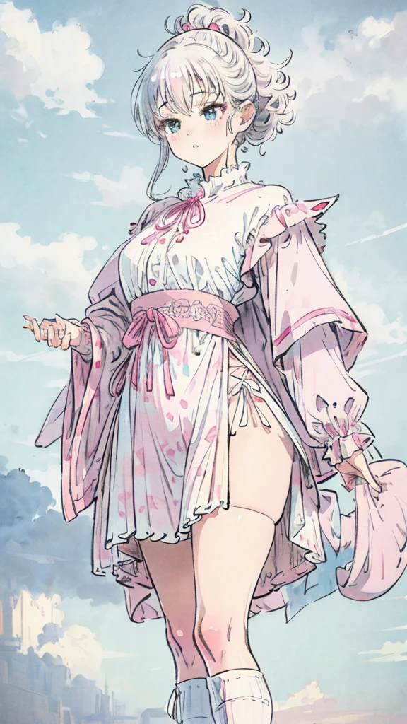 1girl, pink ponytail, half body, thighs socks, messy curly hair, multiple poses, detailed facial features, beautiful eyes, beautiful lips, delicate features, cinematic lighting, dramatic angles, ethereal, pastel colors, dreamlike, soft focus, digital art, masterpiece, cloudy weather, heterochromia, fluffy, standing