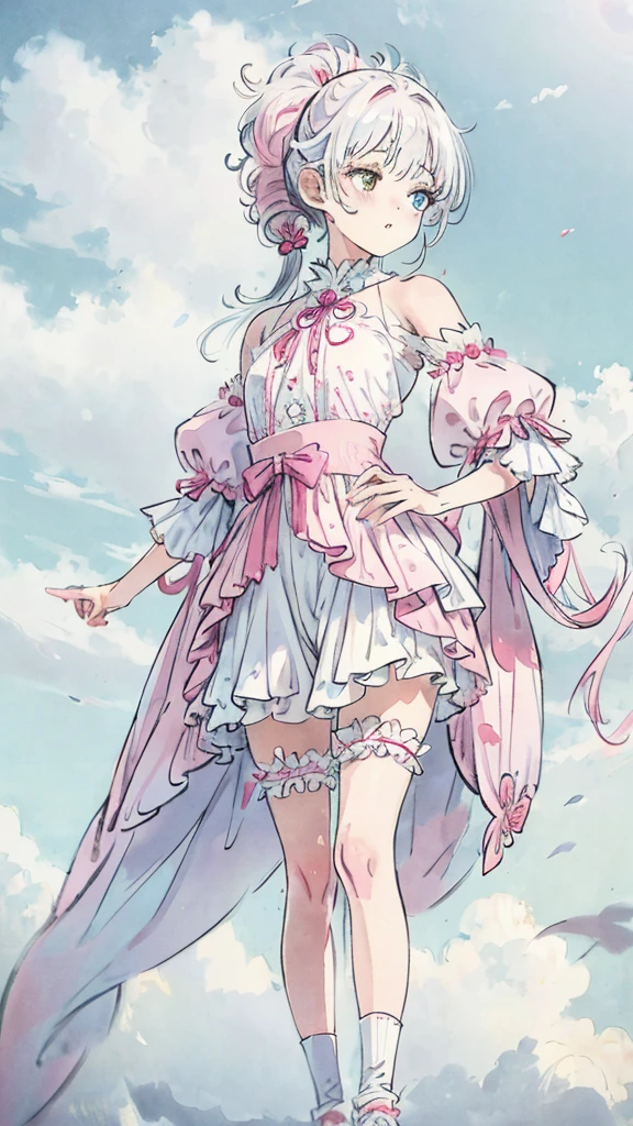 1girl, pink ponytail, half body, thighs socks, messy curly hair, multiple poses, detailed facial features, beautiful eyes, beautiful lips, delicate features, cinematic lighting, dramatic angles, ethereal, pastel colors, dreamlike, soft focus, digital art, masterpiece, cloudy weather, heterochromia, fluffy, standing