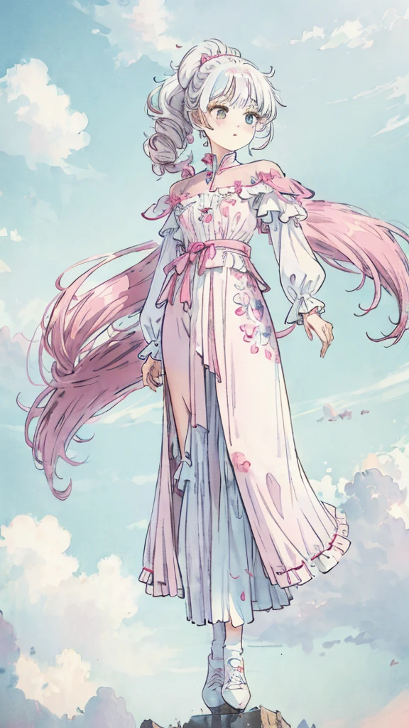 1girl, pink ponytail, half body, thighs socks, messy curly hair, multiple poses, detailed facial features, beautiful eyes, beautiful lips, delicate features, cinematic lighting, dramatic angles, ethereal, pastel colors, dreamlike, soft focus, digital art, masterpiece, cloudy weather, heterochromia, fluffy, standing