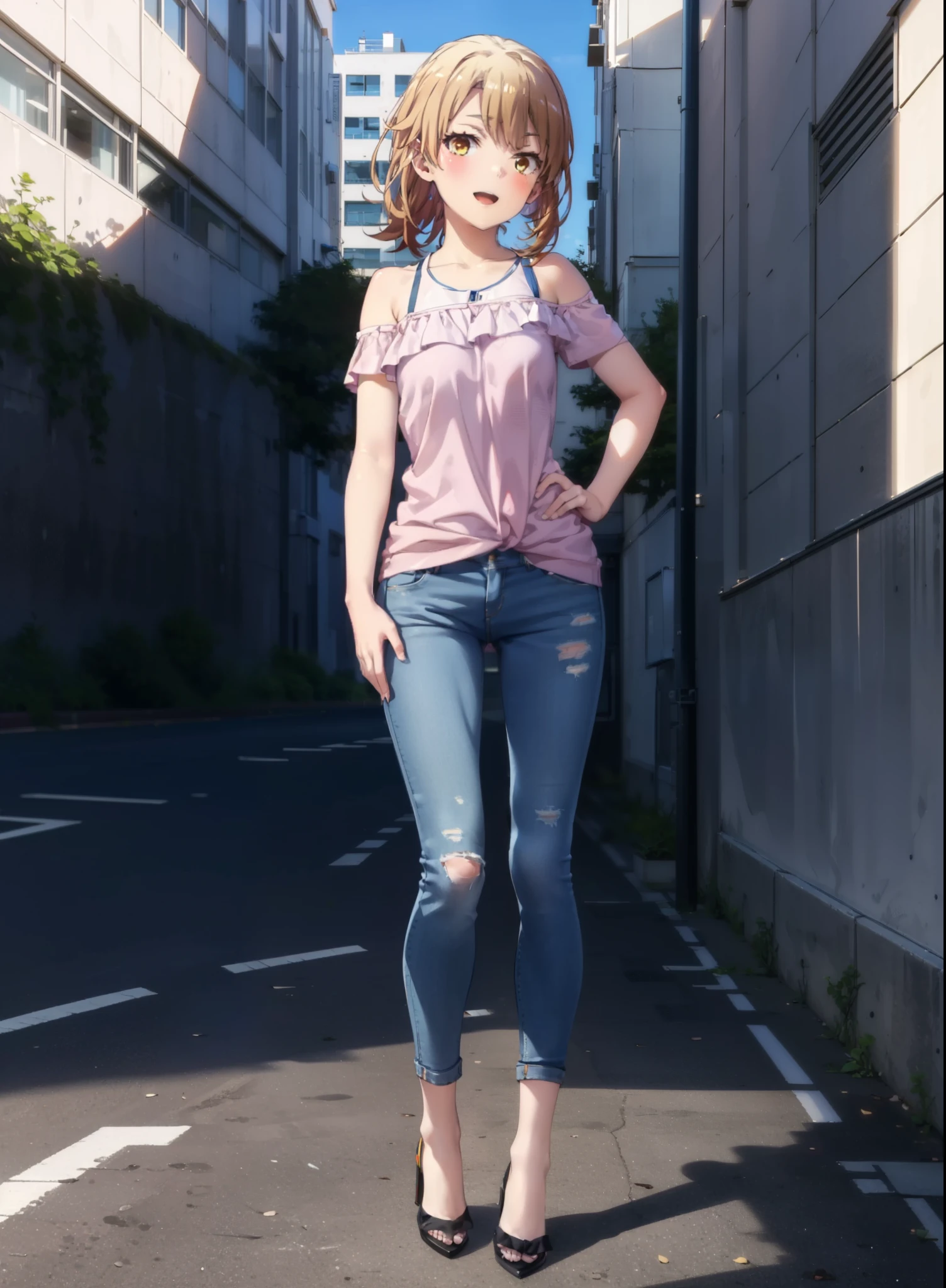 Irohaisshiki, isshiki iroha, Short Hair, Brown Hair, (Brown eyes:1.5), blush,ponytail,Squint both eyes,blush,
happy smile, smile, Open your mouth,Cold Shoulder Shirt,Short sleeve skinny jeans,Stiletto heels,Daytime,Clear skies,Are standing,Put your right hand on your hip,whole bodyがイラストに入るように,Looking up from bottom to top,
break outdoors, School,courtyard,
break looking at viewer,whole body,
break (masterpiece:1.2), Highest quality, High resolution, unity 8k wallpaper, (figure:0.8), (Beautiful attention to detail:1.6), Highly detailed face, Perfect lighting, Highly detailed CG, (Perfect hands, Perfect Anatomy),
