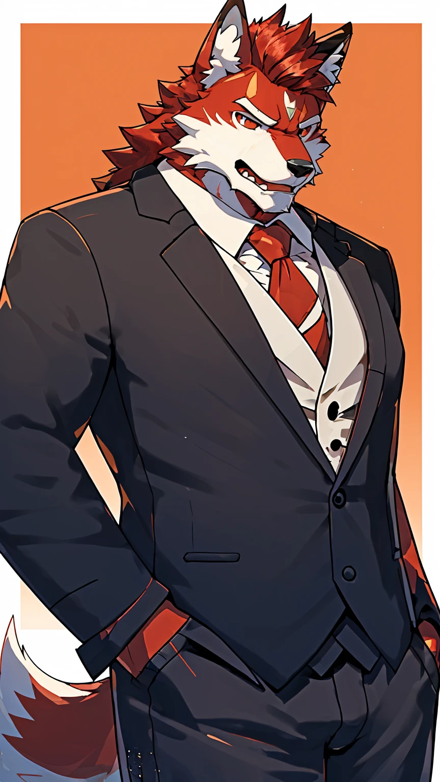 Orange background,high resolution,4K,masterpiece,high quality,35 years old,((Wolfdog)),male,((whole body:1.4,Strike a pose:1.5,Mature:1.3,grimace in pain:1.4)),WolfdogFurry,(Uncle figure:1.5,hairy),((Moderate:1.2)),((Strong body:1.5,Long legs:1.3,big ear:1.3,Thick long tail,(((Suit 1:3))),(((White hair:1.4,Red hair:1.2,Wild muscles:1.4,Red eyes:1.4,White chest:1.6,White belly:1.6,Red limbs:1.6,Red and white tail:1.3))),Delicate eyes:1.6,Fine details,Detailed body,(Detailed hand details:1.4)