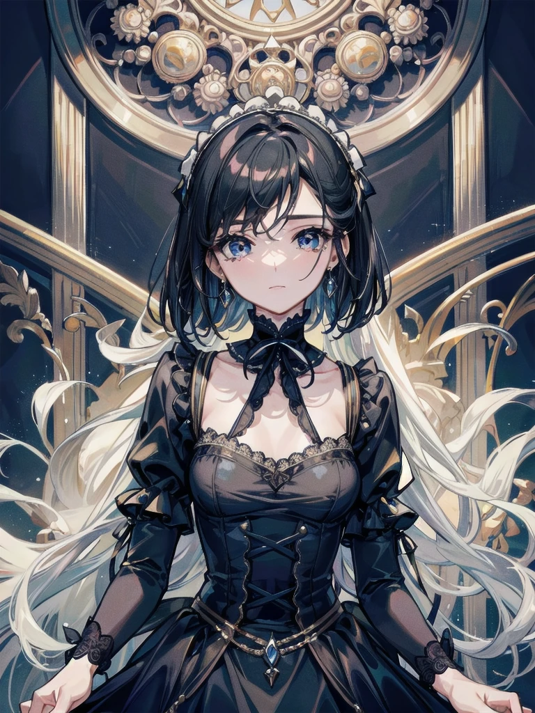 absurdres, RAW photo, extremely delicate and beautiful, masterpiece, Best Quality, ultra high resolution, 32k, hyperrealistic, ultra-detailed, perfect figure, in her 20s, very small head, very small face, delicate facial features, tearful mole, earring, medium breasts, full body shot, medium hair, black hair, intricate Romantic Victorian Gothic Outfit,