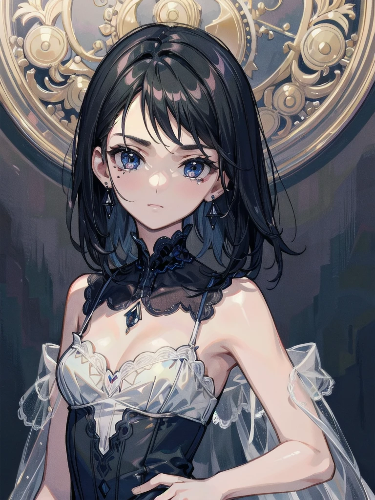 absurdres, RAW photo, extremely delicate and beautiful, masterpiece, Best Quality, ultra high resolution, 32k, hyperrealistic, ultra-detailed, perfect figure, in her 20s, very small head, very small face, delicate facial features, tearful mole, earring, medium breasts, full body shot, medium hair, black hair, intricate Romantic Victorian Gothic Outfit,