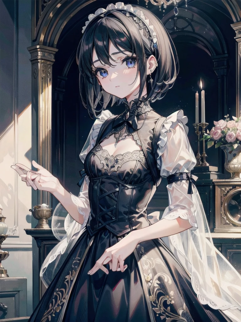 absurdres, RAW photo, extremely delicate and beautiful, masterpiece, Best Quality, ultra high resolution, 32k, hyperrealistic, ultra-detailed, perfect figure, in her 20s, very small head, very small face, delicate facial features, tearful mole, earring, medium breasts, full body shot, medium hair, black hair, intricate Romantic Victorian Gothic Outfit,