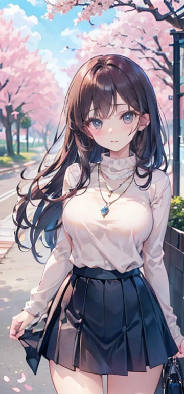 ((table top, highest quallity, high resolution, nffsw, pixel perfect, Written limit depth, 4K, nffsw, nffsw))), 1 girl, Solteiro, standing alone, cute anime girl, beautiful art style, anime character, ((long hair, bangss, chestnut hair)), ((greeneyes:1.4, round eyes, Beautiful eyelashes, realisitic eyes)), ((face detailed, blush:1.2)), ((smooth texture:0.75, realisitic texture:0.65, realisitic:1.1, anime CG style)),  dynamic angle, ((brown sweater, longsleeve, Black Skirt, plaid hip skirt, chic, 1 diamond necklace)), ssmile,  amusement park, ((Cherry blossoms, Cherry blossomsの花が散る))