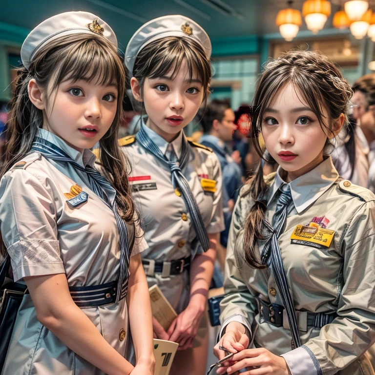 KAWAII girls in Kidzania trying on a flight attendant uniform, extremely detailed eyes and face, beautiful detailed lips, longeyelashes, intricate costume details, realistic lighting, (best quality,4k,8k,highres,masterpiece:1.2),ultra-detailed,(realistic,photorealistic,photo-realistic:1.37),professional, bright colors