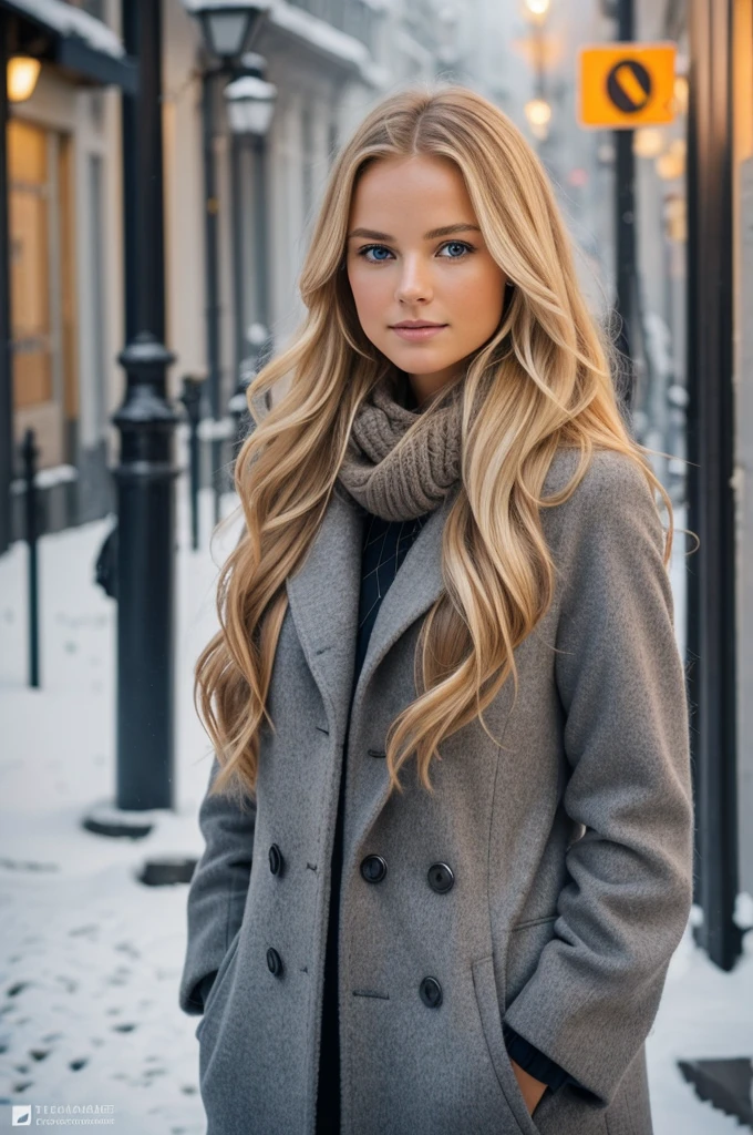 proFessional portrait photograph oF a gorgeous Norwegian girl in winter clothing with long wavy blonde hair, sultry Flirty look, gorgeous symmetrical Face, joli maquillage naturel, wearing élégant warm winter Fashion clothing, ((debout dehors dans une rue enneigée de la ville)), superbe environnement urbain moderne, ultra réaliste, art conceptuel, élégant, très détaillé, complexe, sharp Focus, depth oF Field, F/1. 8, 85mm, Coup moyen, plan médian, (((proFessionally color graded))), bright soFt diFFused light, (volumetric Fog), tendance sur Instagram, hdr 4k, 8k