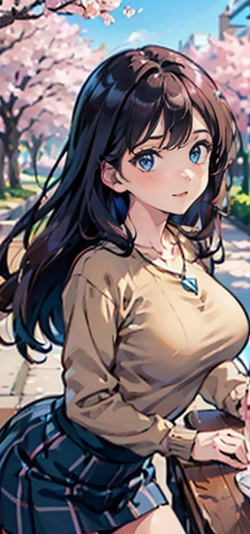 ((table top, highest quallity, high resolution, nffsw, pixel perfect, Written limit depth, 4K, nffsw, nffsw))), 1 girl, Solteiro, standing alone, cute anime girl, beautiful art style, anime character, ((long hair, bangss, chestnut hair)), ((greeneyes:1.4, round eyes, Beautiful eyelashes, realisitic eyes)), ((face detailed, blush:1.2)), ((smooth texture:0.75, realisitic texture:0.65, realisitic:1.1, anime CG style)), dynamic angle, ((brown sweater, longsleeve, Black Skirt, plaid hip skirt, chic, 1 diamond necklace)), ssmile, amusement park, ((Cherry blossoms, Cherry blossomsの花が散る))