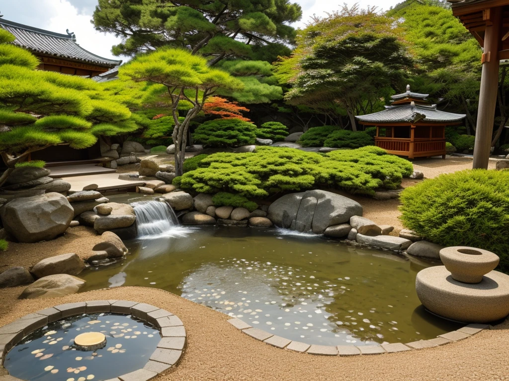 Japanese mystical zen garden with temple on top of the mountain with light wind blowing the bamboos, chimes playing in the wind with koi pond a stream of water and an island with a maple tree in the center and master with rake doing work in the sand bed and a shishi odoshi is working in the small waterfall in the koi pond, the sky is gray and storm clouds are approaching on the horizon