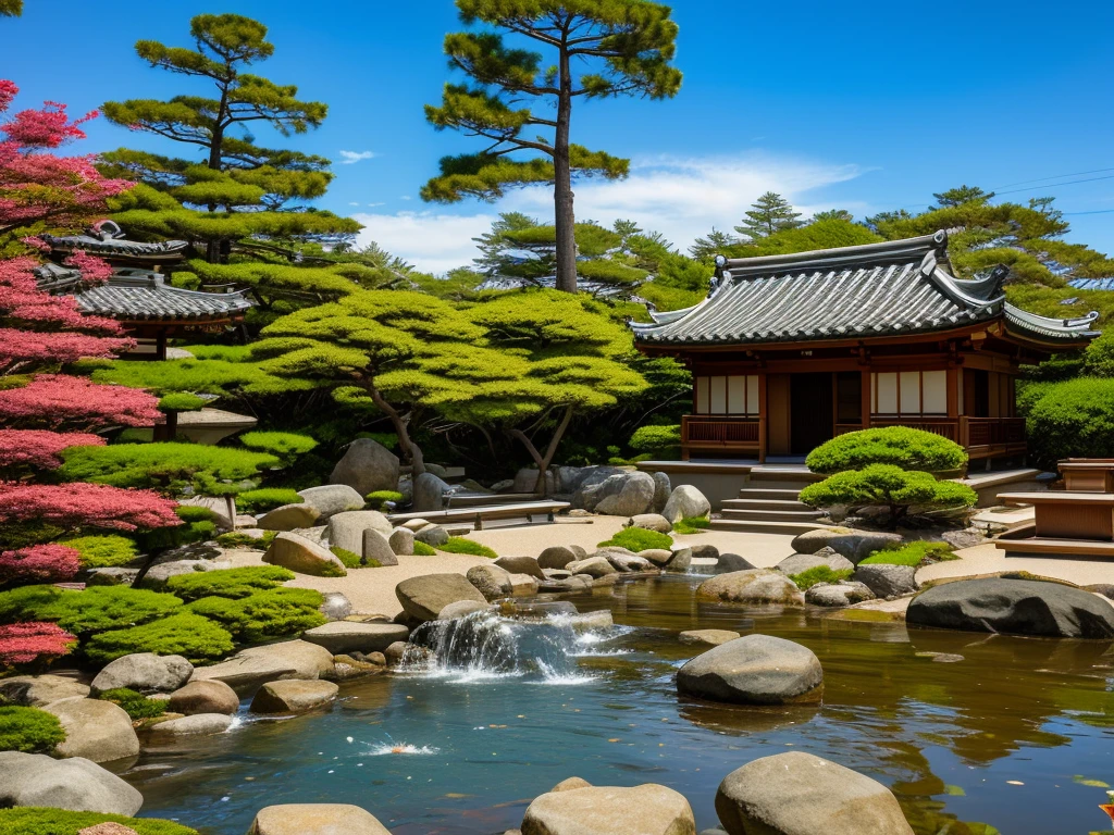 Japanese mystical zen garden with temple on top of the mountain with light wind blowing the bamboos, chimes playing in the wind with koi pond a stream of water and an island with a maple tree in the center and master with rake doing work in the sand bed and a shishi odoshi is working in the small waterfall in the koi pond, the sky is gray and storm clouds are approaching on the horizon