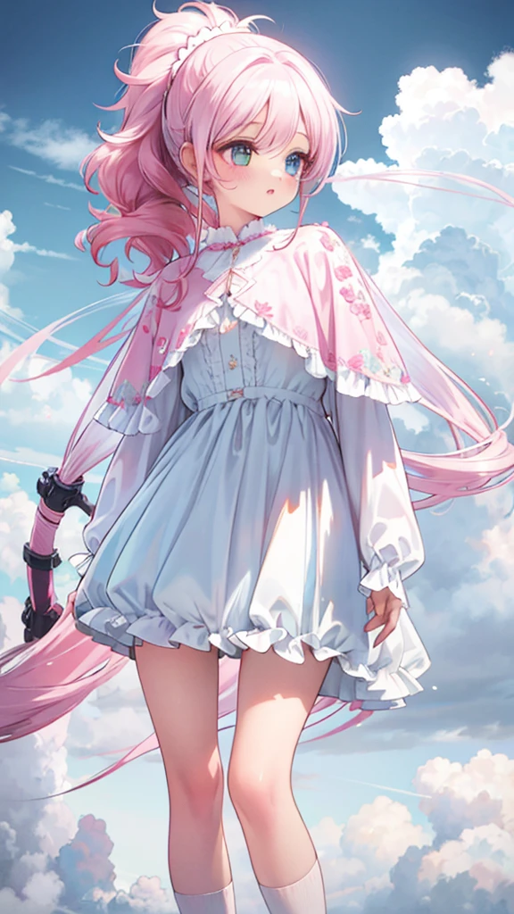 1girl, pink ponytail, half body, thighs socks, messy curly hair, multiple poses, detailed facial features, beautiful eyes, beautiful lips, delicate features, cinematic lighting, dramatic angles, ethereal, pastel colors, dreamlike, soft focus, digital art, masterpiece, cloudy weather, heterochromia, fluffy, standing