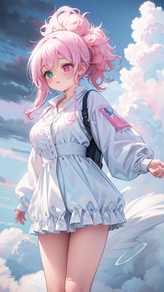 1girl, pink ponytail, half body, thighs socks, messy curly hair, multiple poses, detailed facial features, beautiful eyes, beautiful lips, delicate features, cinematic lighting, dramatic angles, ethereal, pastel colors, dreamlike, soft focus, digital art, masterpiece, cloudy weather, heterochromia, fluffy, standing