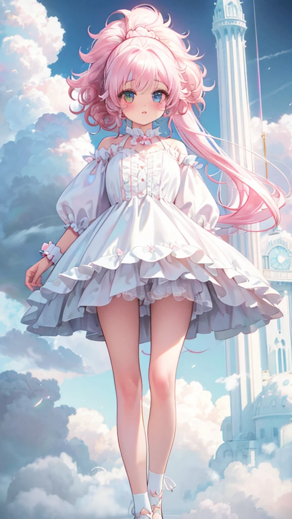 1girl, pink ponytail, half body, thighs socks, messy curly hair, multiple poses, detailed facial features, beautiful eyes, beautiful lips, delicate features, cinematic lighting, dramatic angles, ethereal, pastel colors, dreamlike, soft focus, digital art, masterpiece, cloudy weather, heterochromia, fluffy, standing