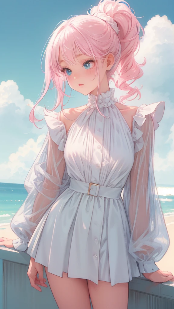 1girl, pink ponytail, half body, thighs socks, messy curly hair, multiple poses, detailed facial features, beautiful eyes, beautiful lips, delicate features, cinematic lighting, dramatic angles, ethereal, pastel colors, dreamlike, soft focus, digital art, masterpiece, cloudy weather, heterochromia, fluffy, standing