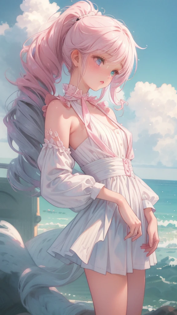 1girl, pink ponytail, half body, thighs socks, messy curly hair, multiple poses, detailed facial features, beautiful eyes, beautiful lips, delicate features, cinematic lighting, dramatic angles, ethereal, pastel colors, dreamlike, soft focus, digital art, masterpiece, cloudy weather, heterochromia, fluffy, standing